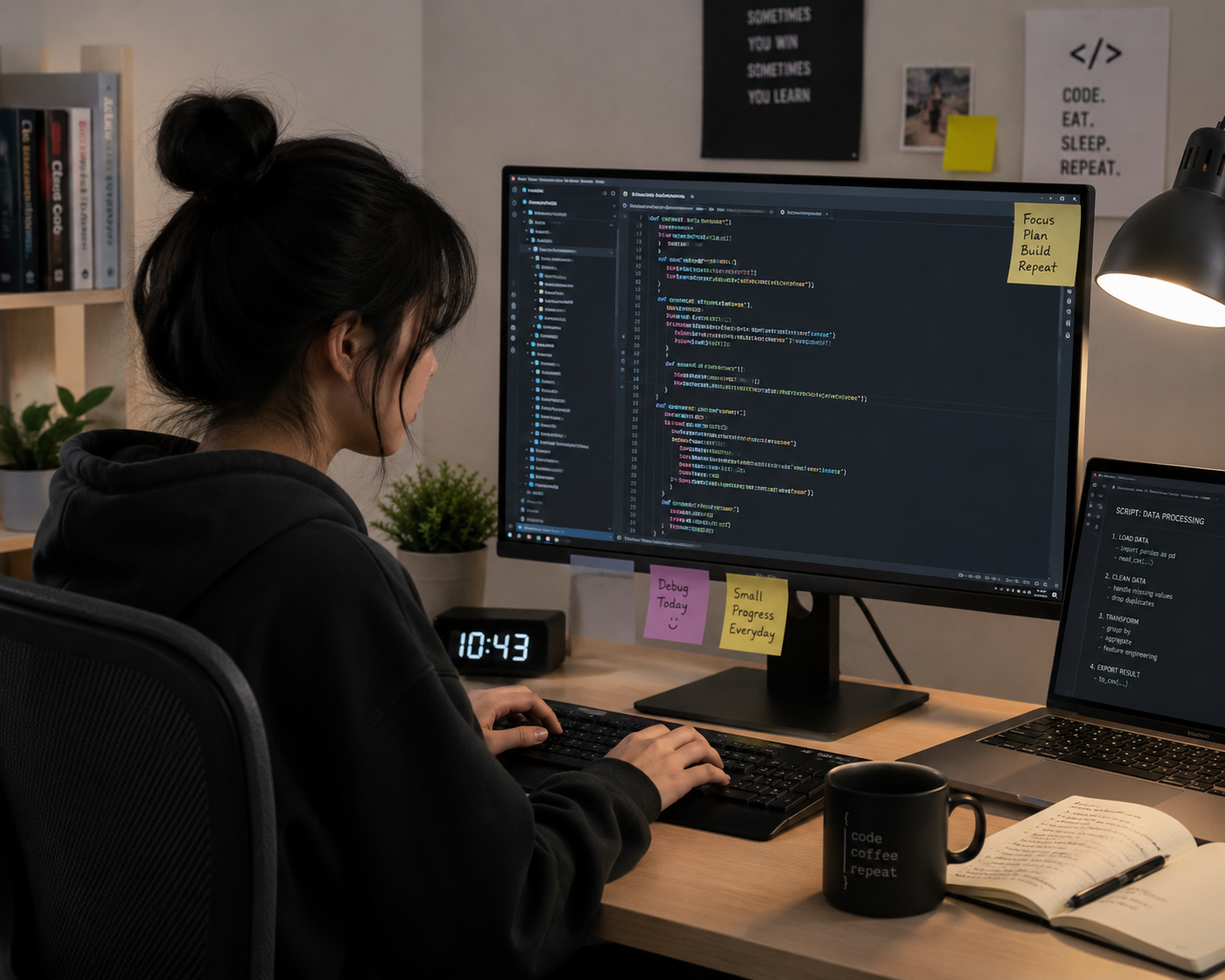 Developer bekerja dengan kode pada layar laptop